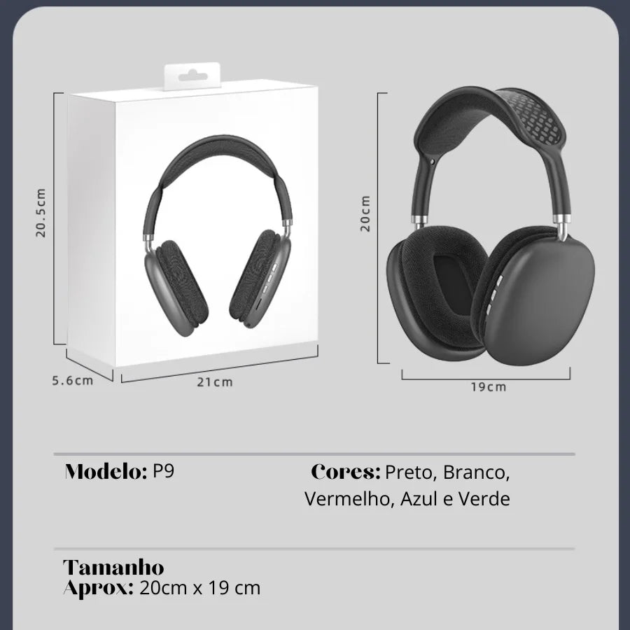 Fone de Ouvido Bluetooth P9 Max Premium – Headphone Sem Fio Aura Shaper Esportivo com Microfone e Isolamento - VÁRIAS CORES