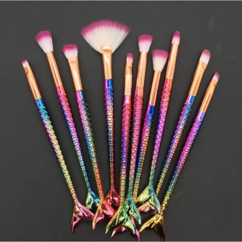 Kit de Pincéis de Maquiagem Sereia 10 Peças Profissional