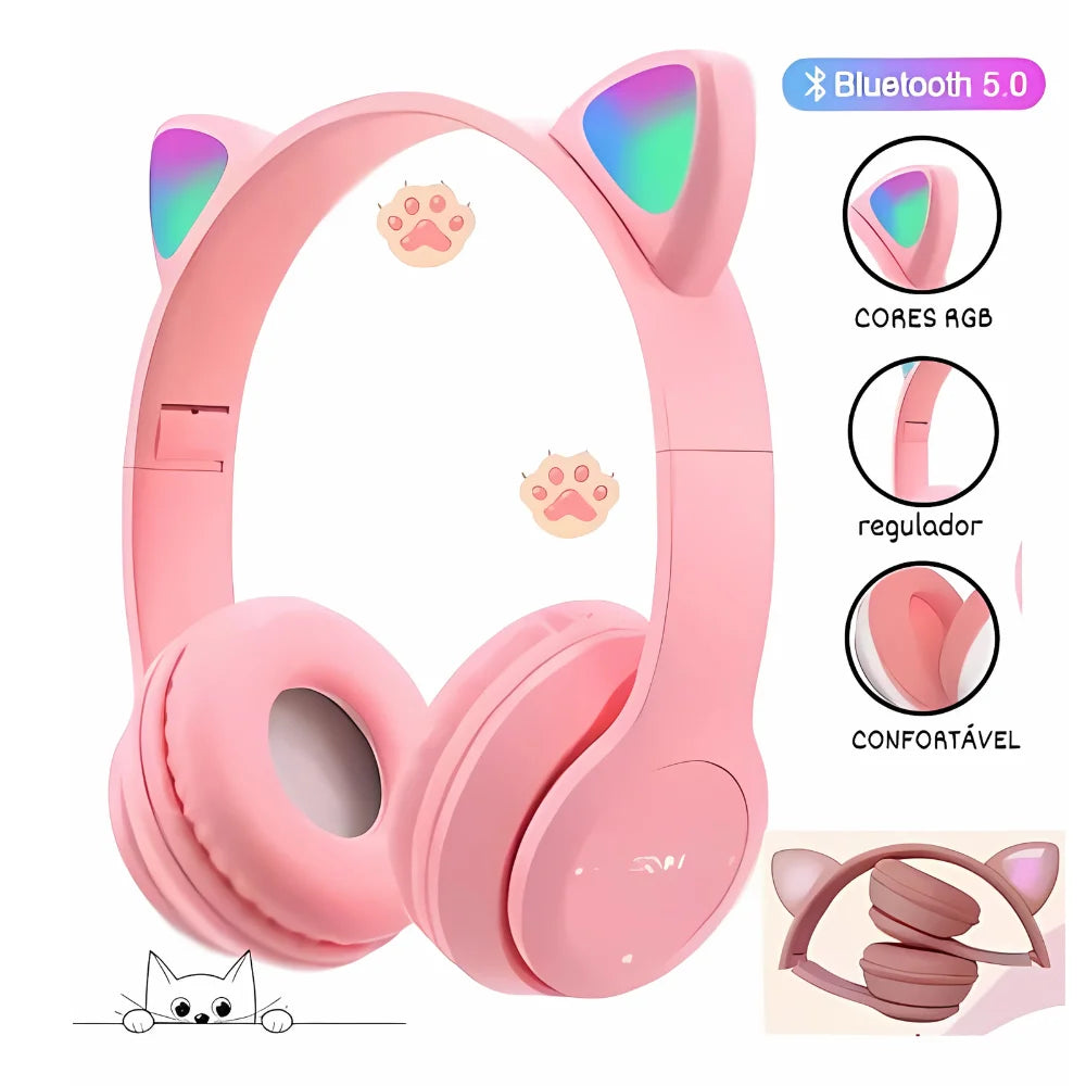 Fone de Ouvido Bluetooth Infantil Orelha de Gatinho com LED Sem Fio Menino Menina Cores Variadas