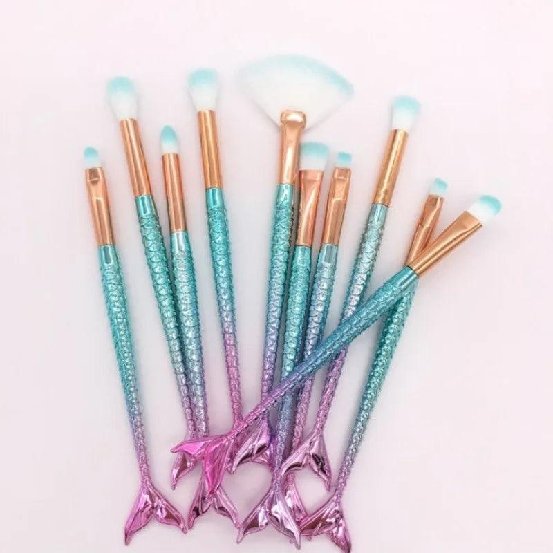 Kit de Pincéis de Maquiagem Sereia 10 Peças Profissional