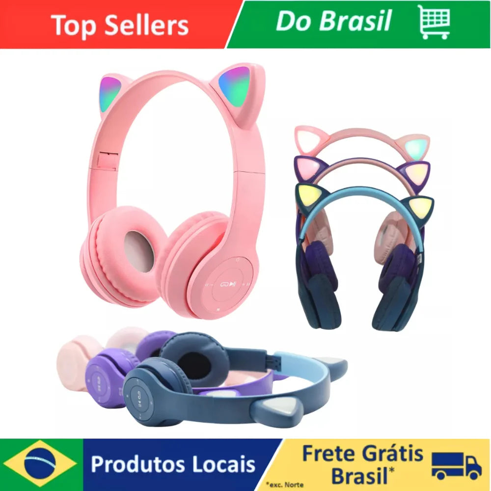 Fone de Ouvido Bluetooth Infantil Orelha de Gatinho com LED Sem Fio Menino Menina Cores Variadas