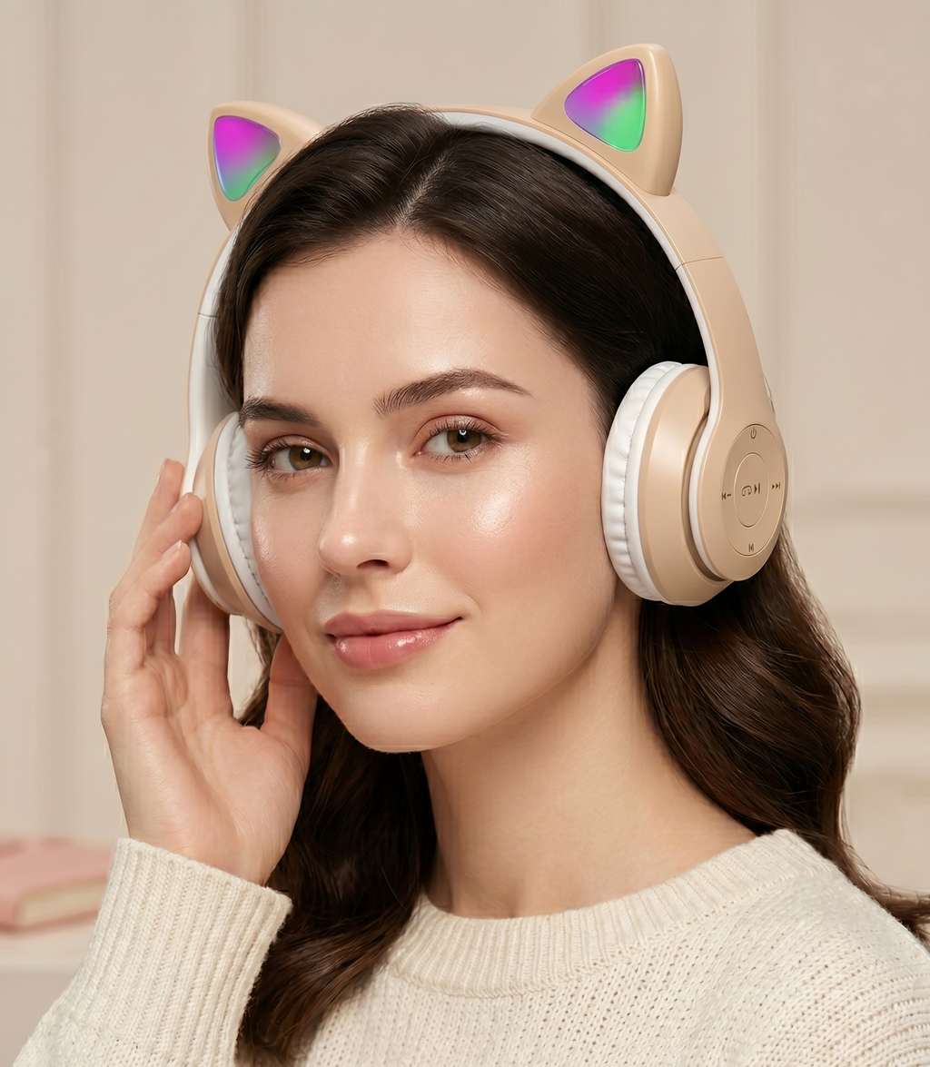 Fone de Ouvido Bluetooth Infantil Orelha de Gatinho com LED Sem Fio Menino Menina Cores Variadas