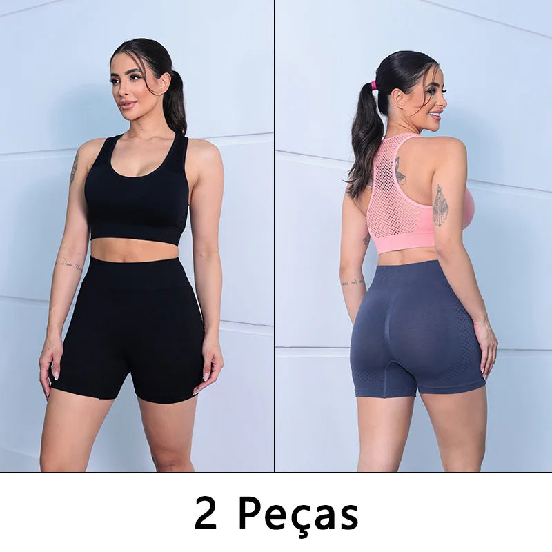 Kit 2 Shorts Fitness Femininos Short Academia: Cós Alto, Empina Bumbum e Controle de Barriga