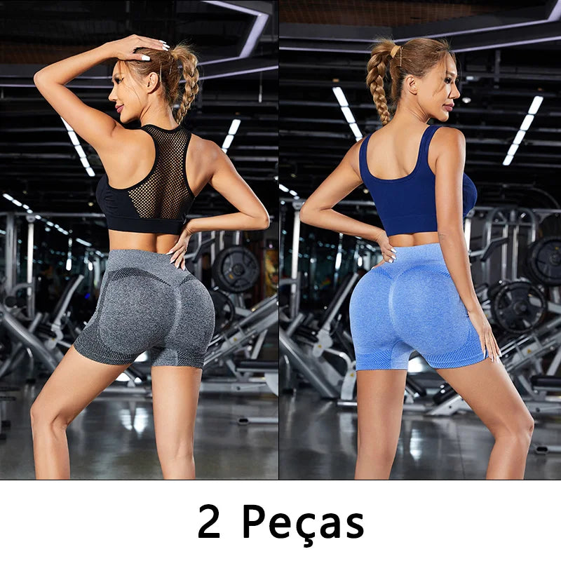 Kit 2 Shorts Fitness Femininos Short Academia: Cós Alto, Empina Bumbum e Controle de Barriga